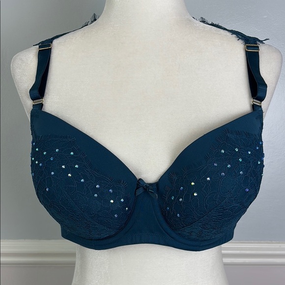 Cacique Blue Rhinestone Embellished Bra Lace Open Back Boho Balconette Sz 38D - Picture 2 of 11